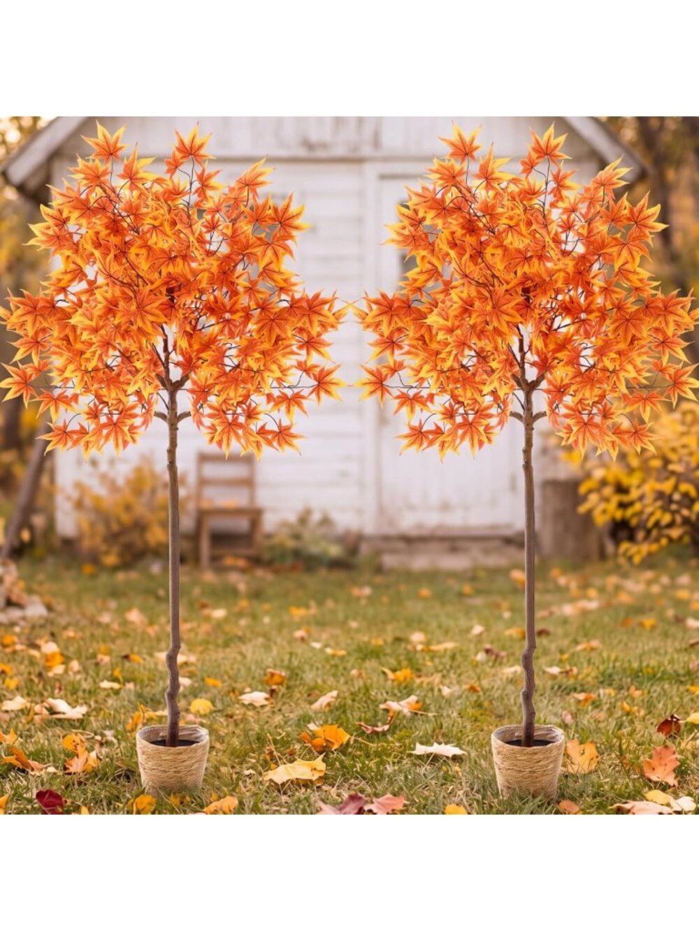 2 Pack 4ft Faux Maple Trees with Baskets - Fall Decor for Home & Office